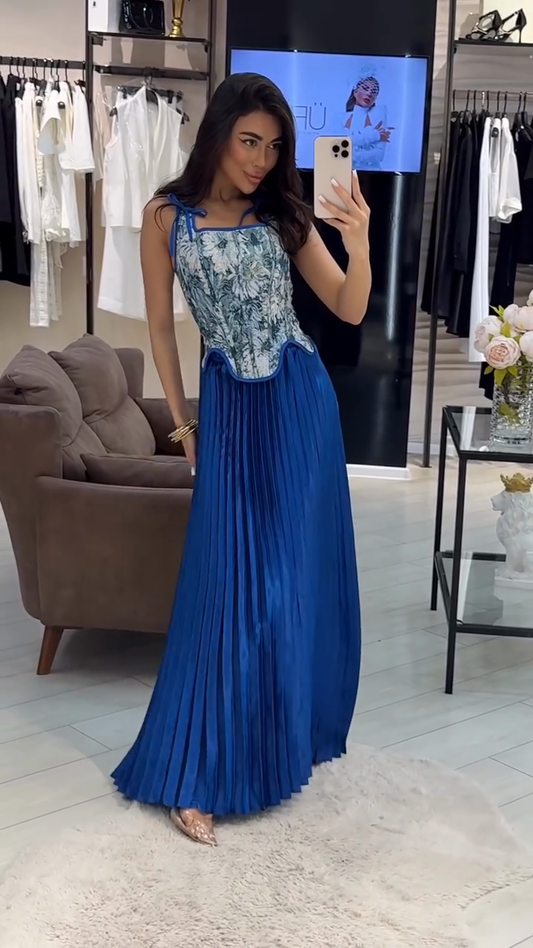 Floral - Embroidered Corset Top & Pleated Maxi Skirt Set