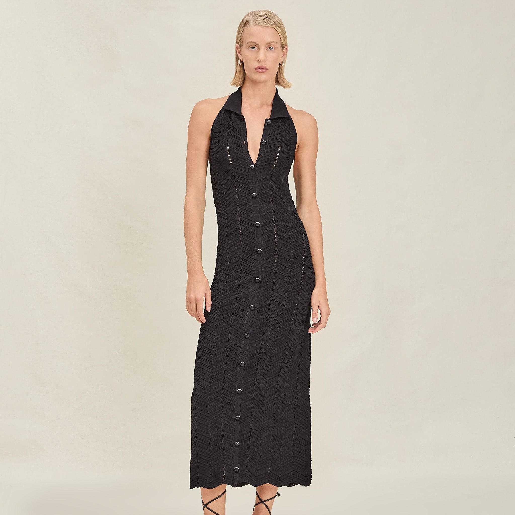 Black Halter Neck Button - Front Maxi Dress