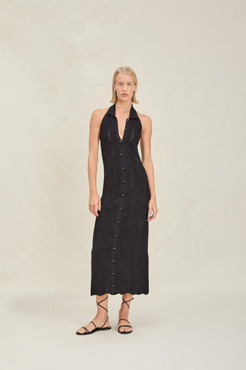 Black Halter Neck Button - Front Maxi Dress