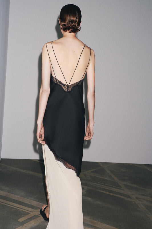 Black and Cream Lace - Trimmed Slip Dress