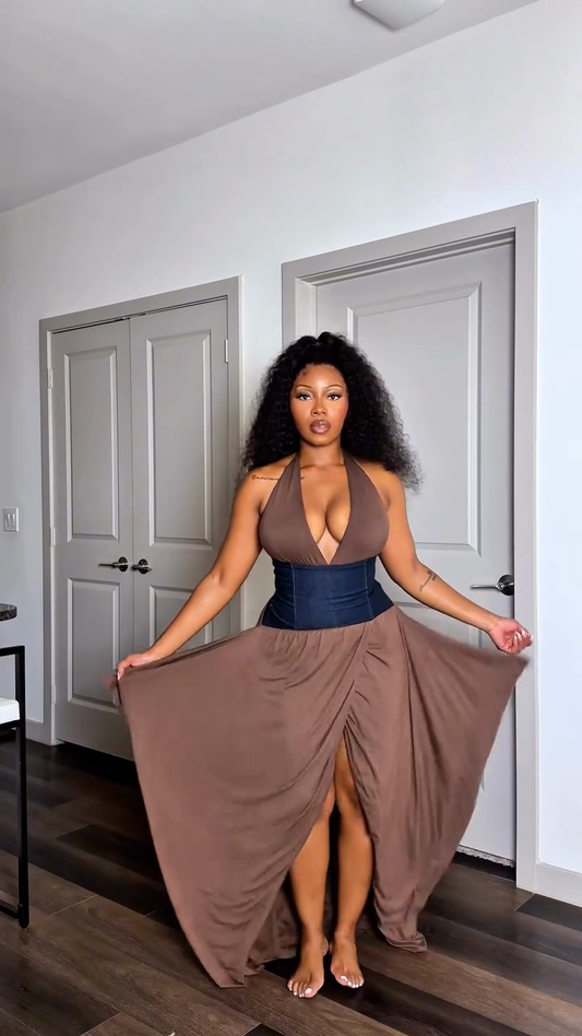 Brown Halter Maxi Dress with Corset Detail