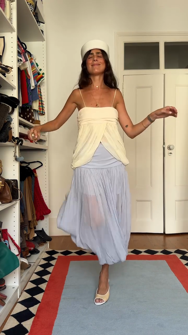 Cream Cami Top and Light Gray Pleated Skirt Set