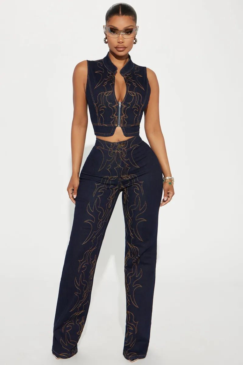 Denim Embroidered Two Piece Set