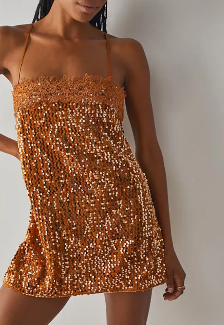 Orange Sequin - Embellished Mini Dress