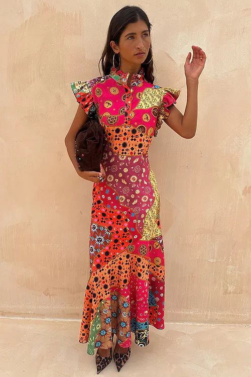 Colorful Patchwork Print Maxi Dress