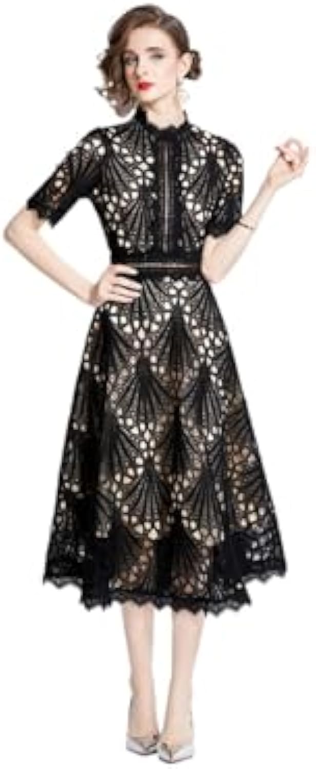 Black Lace Midi Dress with Cutout Details