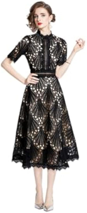 Black Lace Midi Dress with Cutout Details