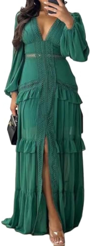 Long Sleeve Deep V Neck Lace Patchwork Ruched Ruffles Long Dress