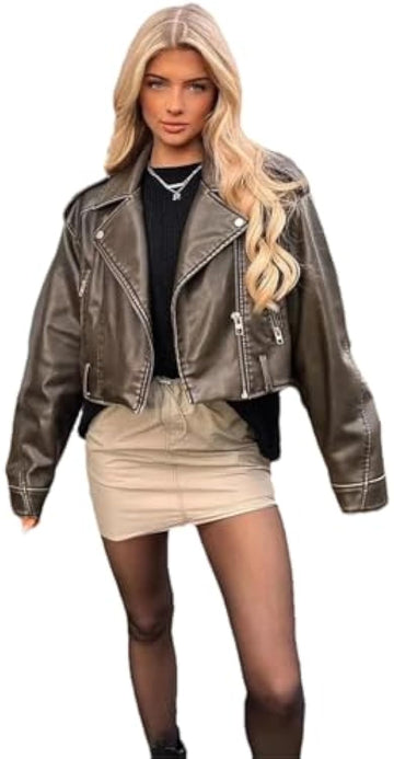 Gray Cropped Biker Leather Jacket