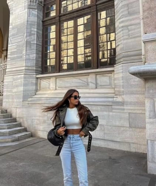 Gray Cropped Biker Leather Jacket