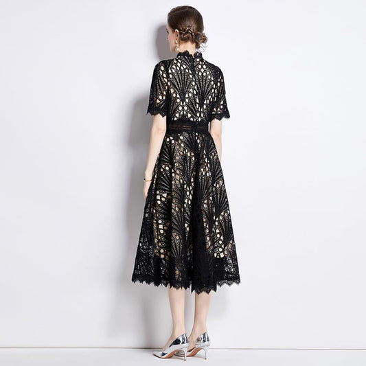 Black Lace Midi Dress with Cutout Details