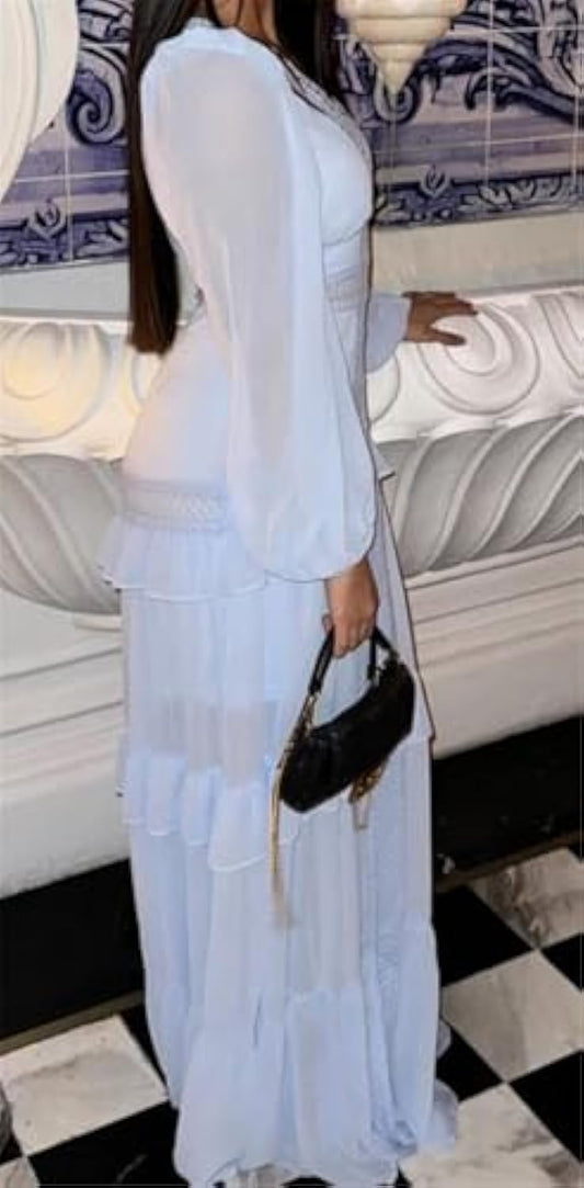 Long Sleeve Deep V Neck Lace Patchwork Ruched Ruffles Long Dress