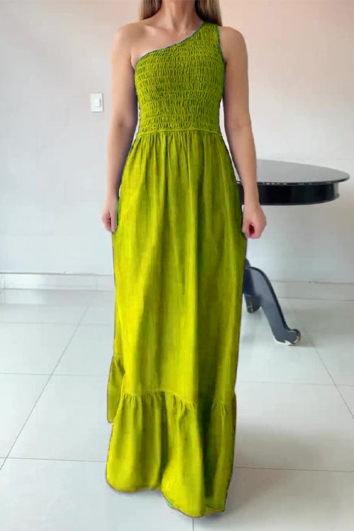 One - Shoulder Smocked Denim Maxi Dress